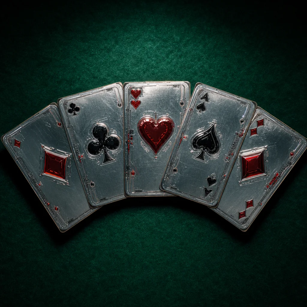 Fanned playing cards on chrome baccarat table