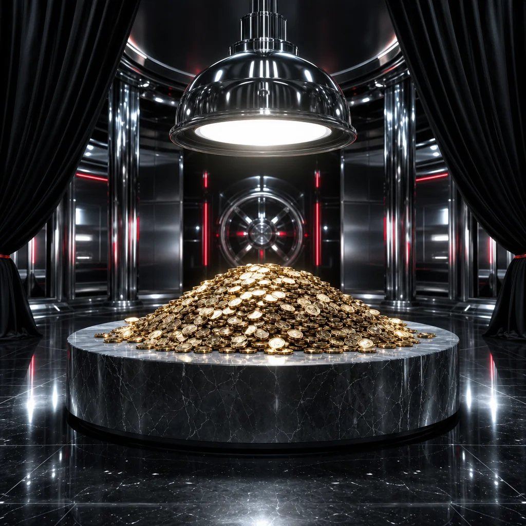Cascading gold coins on jet black chrome surface